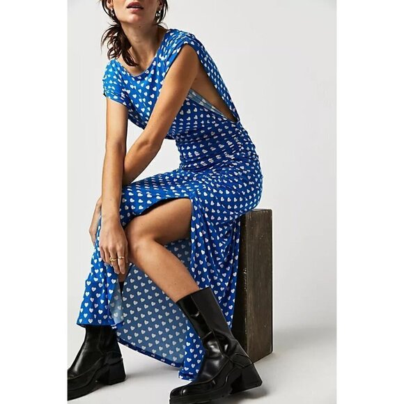 FREE PEOPLE Lakeside Mini Printed Dress in Bluebell Combo Hearts Size Large - Picture 12 of 14